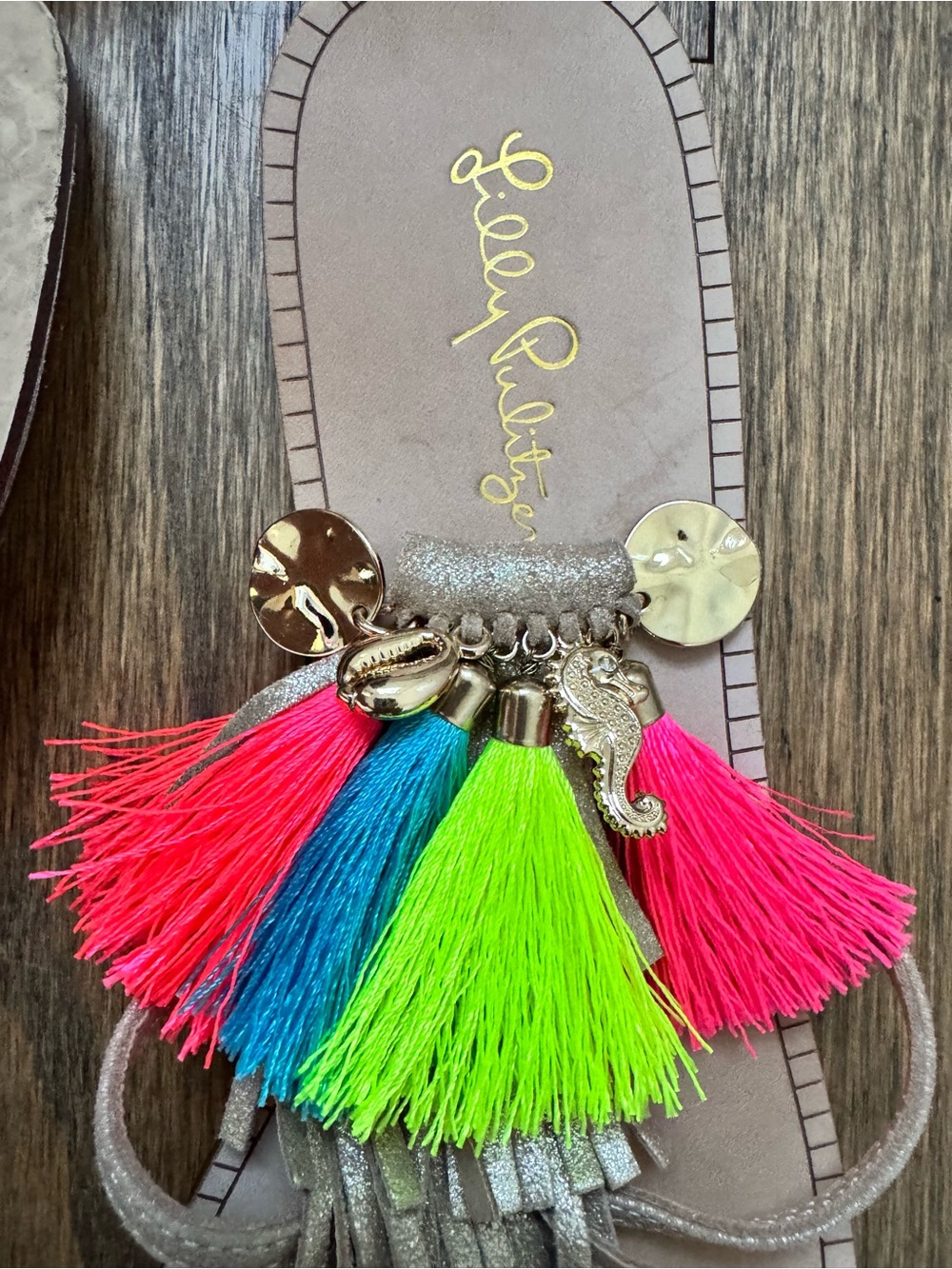Lilly Pulitzer Metallic Gold Tassel Sandals with Neon Multi-Tassel Accent - Picture 4 of 7